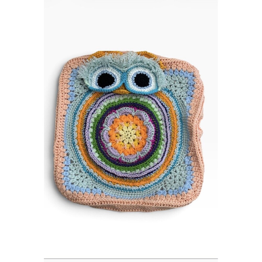 Crochet Granny Square Pillow Case Cover 16x17 Owl Boho Retro